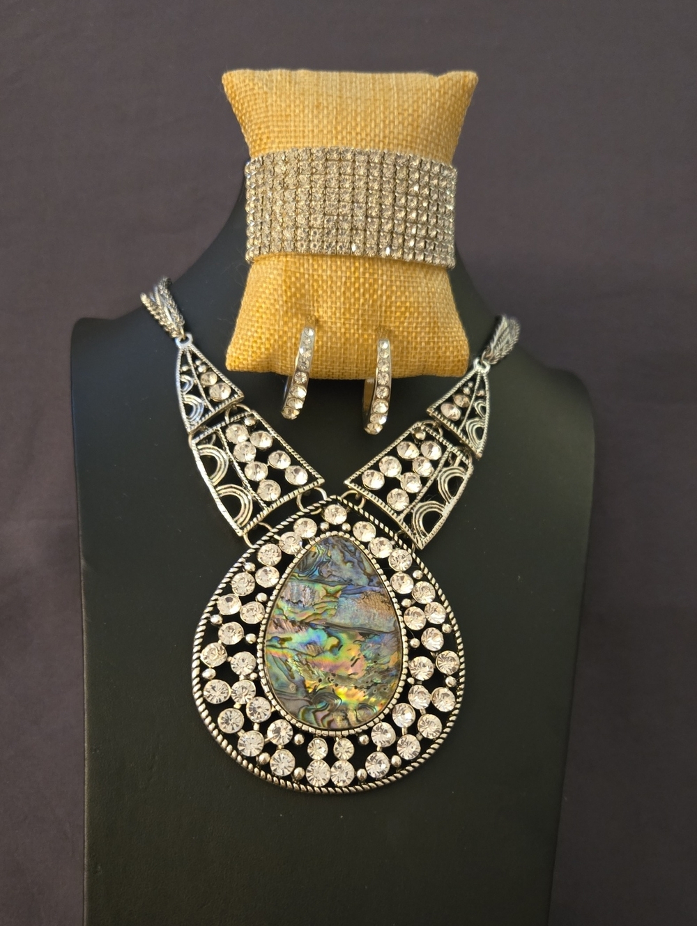 Statement Abalone Pendant Necklace Set with Crystal Accents - Silver Tone